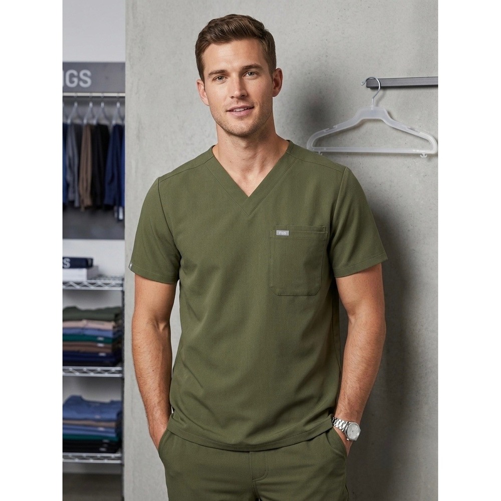 FIGS Leon Scrub Top Mens Medium Olive Green V-Neck Chest Pocket M21SW1051
